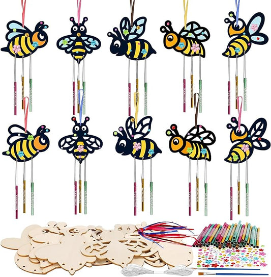 Fennoral 10 Pack Bee Wind Chime Kit for Kids Make You Own Honey Bee Wind Chimes Ornaments DIY Coloring Wooden Art and Craft for Insects Spring Art Activities Birthday Party Decorations