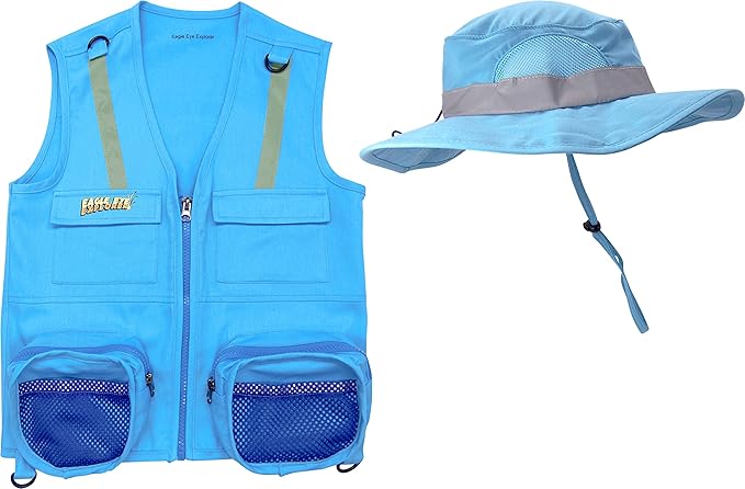 M/L Combination Set Fits Youth Sizes 8-12: 1 Light Blue Cargo Vest for Kids with Reflective Safety Straps & 1 Floppy Bucket Sun Hat with Chin Strap. Color: Light Blue