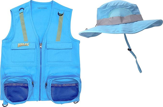 M/L Combination Set Fits Youth Sizes 8-12: 1 Light Blue Cargo Vest for Kids with Reflective Safety Straps & 1 Floppy Bucket Sun Hat with Chin Strap. Color: Light Blue