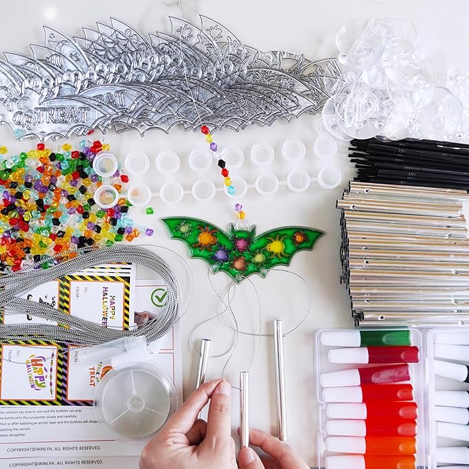 Winlyn 24 Sets Halloween Bat Suncatcher Wind Chimes Ornaments Decorations DIY Window Paint Art Halloween Craft Kits Bat Sun Catchers for Kids Home Classroom Activities Halloween Party Art Projects