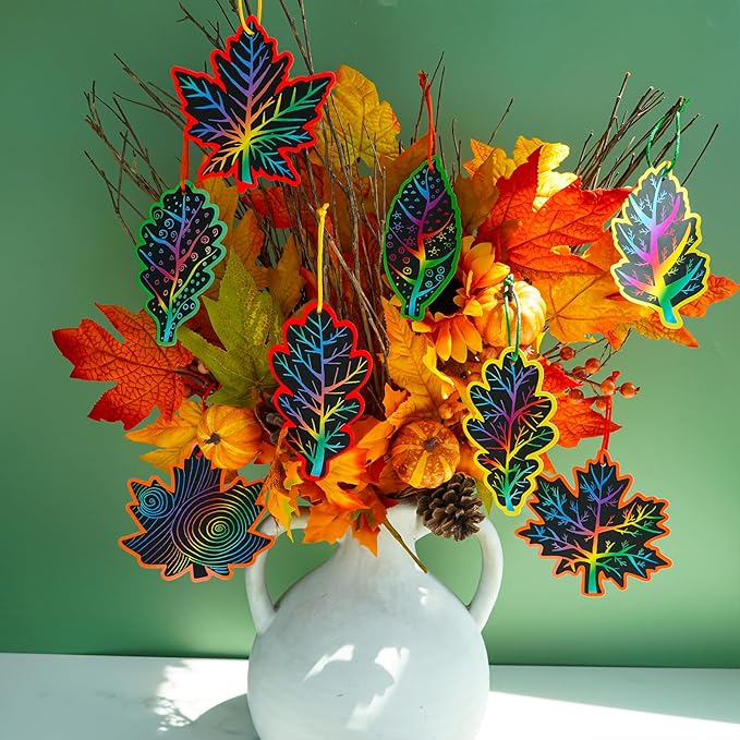Winlyn 48 Sets 12 Styles Magic Color Scratch Black Fall Leaves Ornaments Decorations Autumn Scratch Art Leaves Fall Leaf Craft Kits for Kids Classroom Activities Halloween Thanksgiving Party Favors