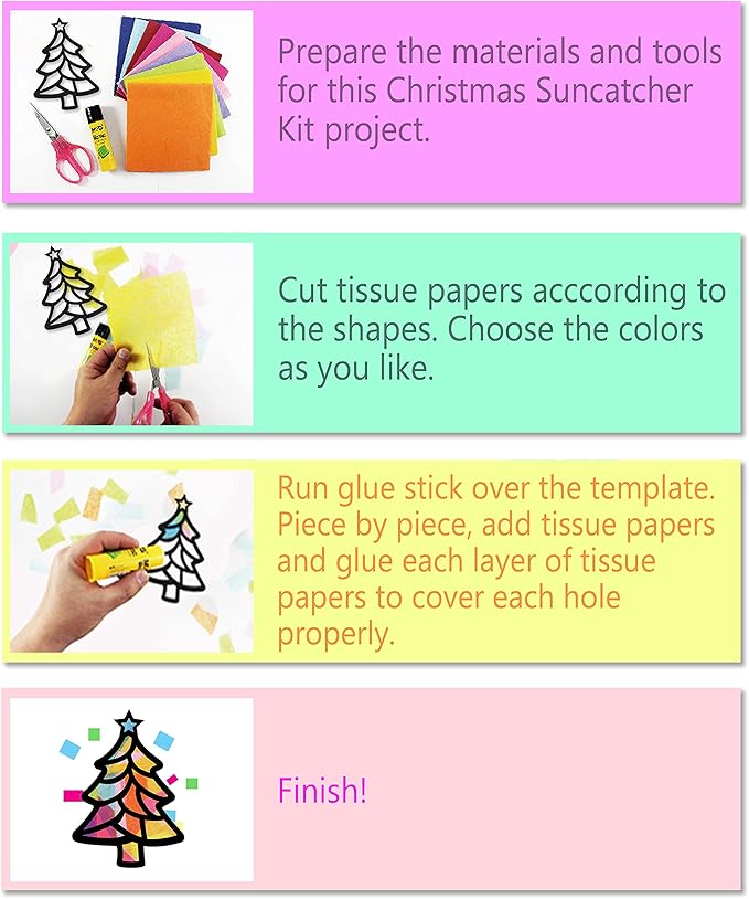 VHALE Suncatchers Craft 3 Sets (9 Cutouts) w Tissue Papers Stained Glass Effect Paper Sun Catcher Kit, Window Art, Classroom Crafts, Creative Art Projects, Kids Party Favors (Christmas)