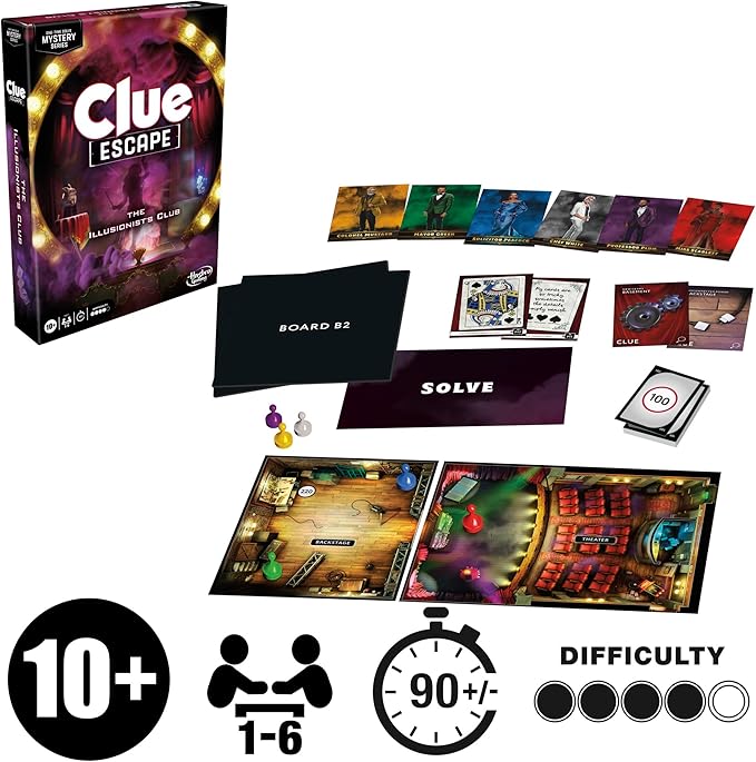 Clue Escape: The Illusionist’s Club Board Game | Escape Room Family Game | 1-Time Solve Mystery | Ages 10+ | 1-6 Players | Difficulty 4 | 90 - 120 Mins.