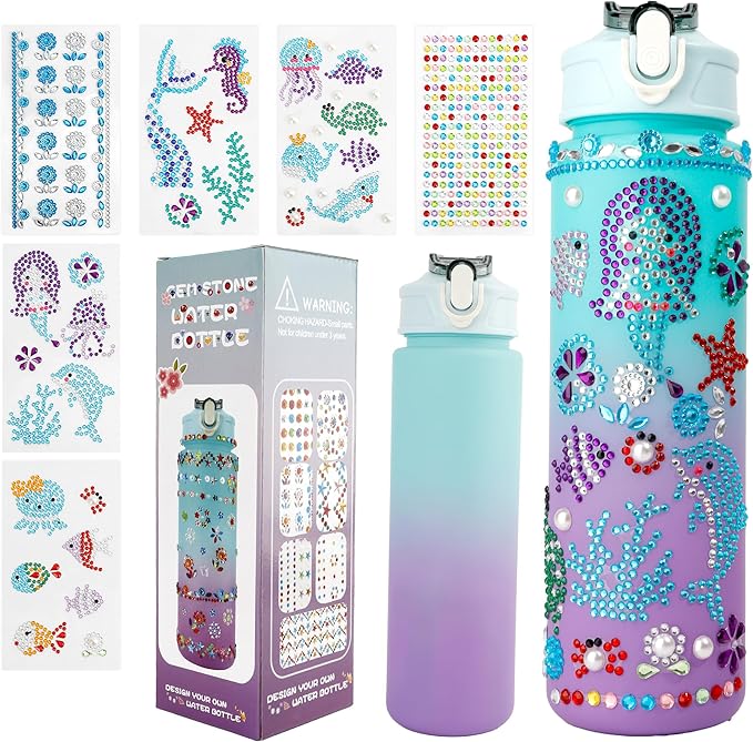 Valentines Day Gifts for Girls Decorate Your Own Water Bottle Kits for Girls 4-12 Girls Water Bottle Gem Stickers DIY Arts and Crafts Kits Supplies for Girl Birthday Easter Gifts for Girls Green