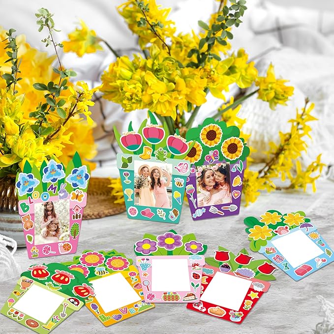 WATINC 96Pcs DIY Mother's Day Craft Kits for Kids, Make Your Own Spring Picture Frames with Stickers Flowers Paper, Spring Seasonal Gifts Craft Decor, Classroom Activities Supplies for Boys and Girls