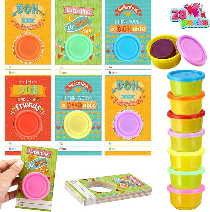 JOYIN 28 PCS Valentine Day Gift Cards with Colorful Playing Dough for Kids Party Favors, Valentine's Classroom Exchange Prize