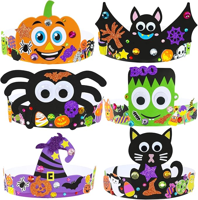 Winlyn 24 Sets Halloween Headbands Craft Kits DIY Crown Art Sets Spider Bat Jack-o'-Lantern Witch Hat with Halloween Foam Stickers Crafts for Kids Classroom Activities Halloween Party Trick-or-Treat