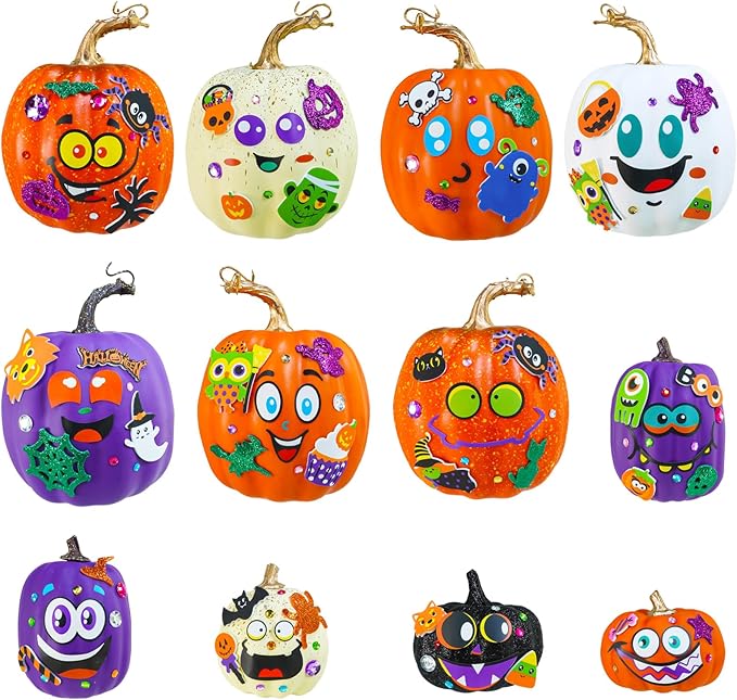 Winlyn 48 Sets Halloween Crafts Halloween Pumpkin Decorating Stickers Craft Kits Funny Face Jack-O'-Lantern Glitter Halloween Arts and Crafts for Kids Classroom Activities Art Projects Party Favors