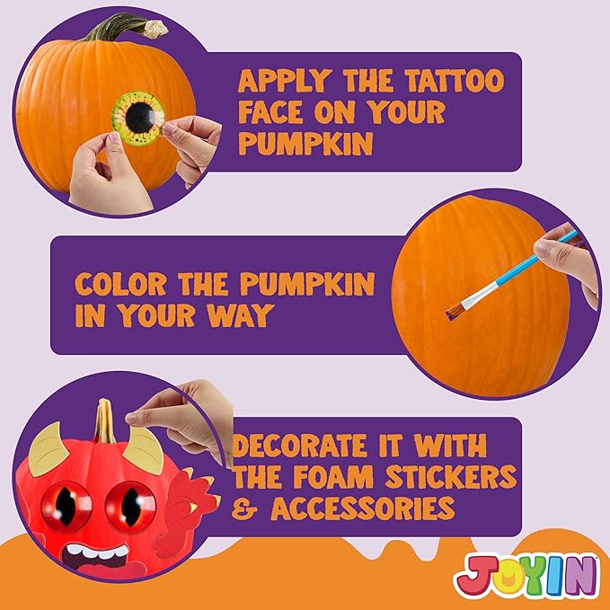 Klever Kits Halloween Pumpkin Painting Decorating Kit for Kids, Art and Craft Party Favors, Halloween Party Games Classroom Activities, DIY Coloring Set with 9 Characters Designs and Realistic Eyes