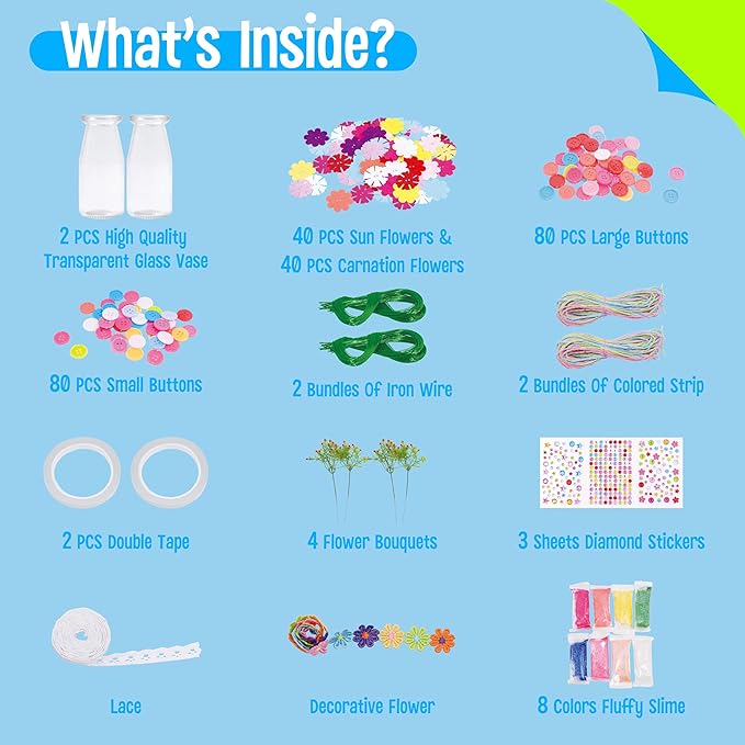 SpriteGru Flower Craft Kit for Kids, Make Your Own Flower Bouquet with Buttons and Colorful Petals, Art Vase and Craft DIY Activity Gift for Boys & Girls Age 4 5 6 7 8 9 10 Year Old (2 Glass Vase)