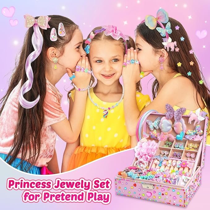 ZMLM Jewelry Gifts Toys for Girls: Unicorn Jewelry Box Ring Earring Necklace Set Valentines Day Gifts Easter Birthday Gifts, Art Craft DIY Headband Making, Pretend Play Toys for Girls 4 5 6 7 8 9 10