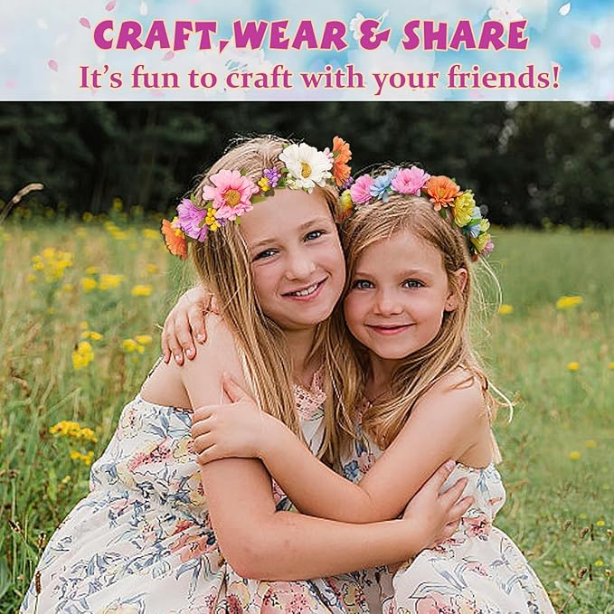WUBOMJIO Make Your Own Flower Crown Crafting Kit(Daisy Theme)| 120+Piece Set for Endless Creativity | Gift for Creative Girls Age 6-10+