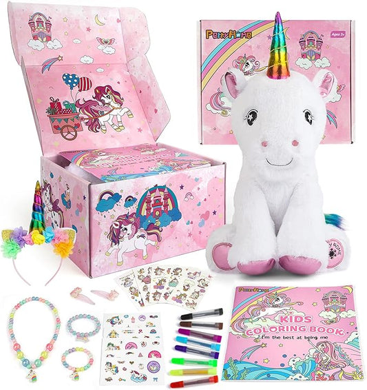 PERRYHOME Unicorn Toys for Girls Unicorn Gift Set with Unicorn Stuffed Animal, Unicorn Coloring Book, Unicorn Necklace & Bracelet, Unicorn Themed Girl Gift Toy Birthday Gift Nude Pink