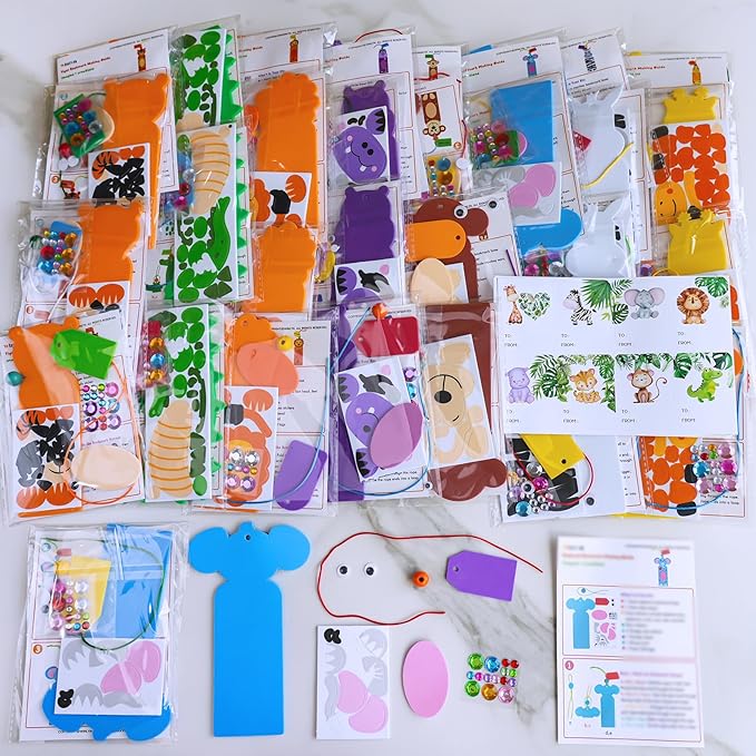 Winlyn 32 Sets Jungle Animal Crafts Kits DIY Jungle Safari Zoo Wild Animal Bookmarks Decorations Art Set Tiger Lion Zebra Foam Stickers for Kids Party Favors Classroom Activities Reading Rewards