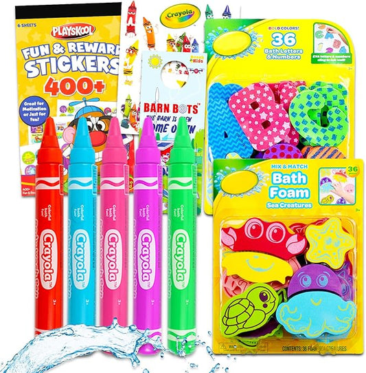 Crayola Bath Set Shower Toys Bundle - 9 Pc Crayola Kids Bathroom Set with Crayola Body Wash Pens, Bath Toys, and Stickers