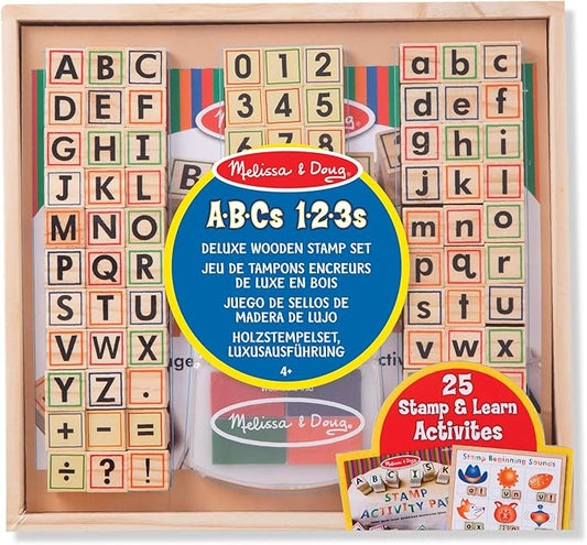 Melissa & Doug Deluxe Wooden Toy Stamp Set ABCs 123s Arts and Crafts Stamp Sets and Stencils 3+ Gift for Boy or Girl