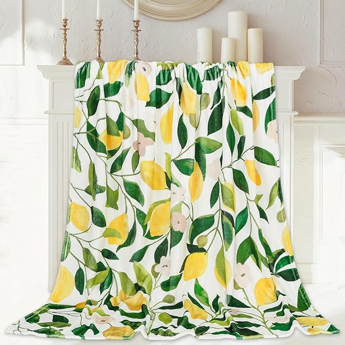 Lemon Fuzzy Blanket 60 x 50 Inch Yellow Lemon with Green Leaves Throw Blanket Bed Blanket Soft Warm Spring Summer Blanket for Adults Kids Gift Home Chair Sofa Couch