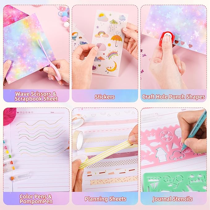 LiYiQ Plush Flamingo Diary Gift for Girls Kids Travel Journal Secret Diary with Scrapbook Paper Stickers Journal Stencils Pompom Pen and Washi Tape Practical Set Gift for Birthday Christma