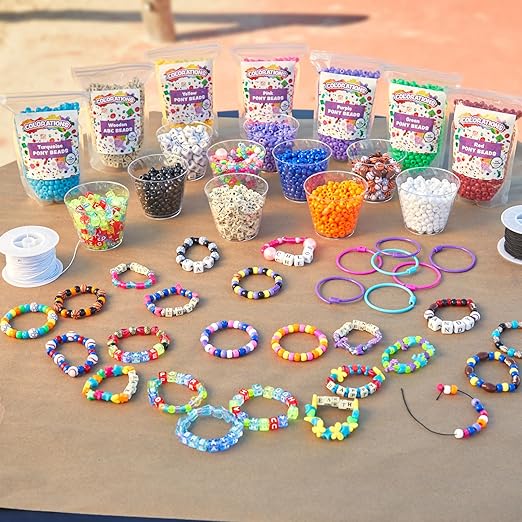 Colorations Pony Bead Bracelets for Kids, Set of 24, 3 Colors, 1/4 Diameter, Snap Closure, Jewelry, Gifts, Arts & Crafts, Wearables, Reusable (Item # PBBR)