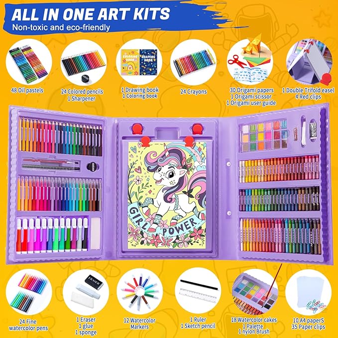 All in One Art Supplies, Art Kit Includes Easel, Origami Paper, Colored Pencils, Crayons, Drawing Book, Coloring Book, Watercolor Pens, Markers and Oil Pastels, Gifts for Girls Boys Teens, Purple