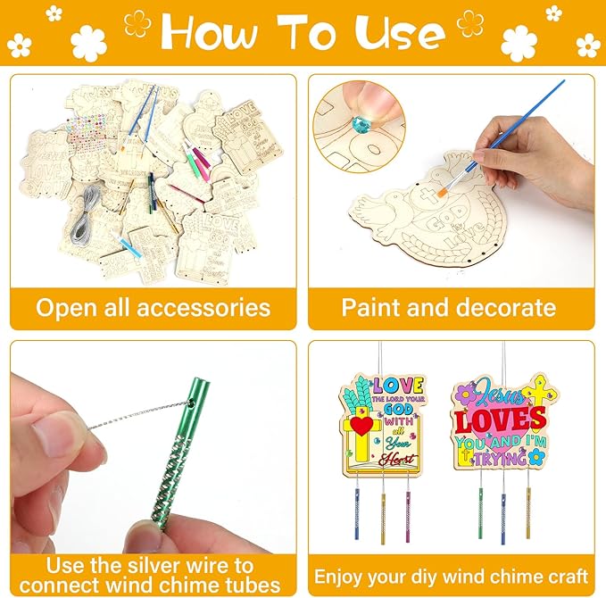 gisgfim 16 Pack Jesus Loves Me Crafts for Kids Wooden Religious Wind Chime Crafts Kits Make Your Own Christian Crafts Wooden DIY Arts for Party School Classroom Decorations Supplies Birthday Favors