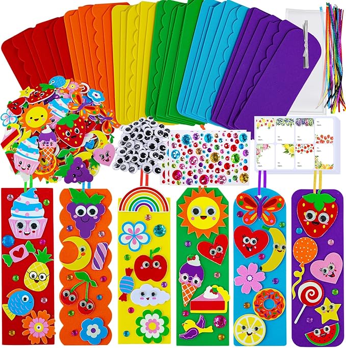 Winlyn 36 Sets Cute Crafts Kits DIY Colorful Whimsical Bookmarks Decorations Art Sets Fruits Sweet Treats Animals Sun Rainbow Foam Stickers for Kids Classroom Activities Reading Rewards Party Favors