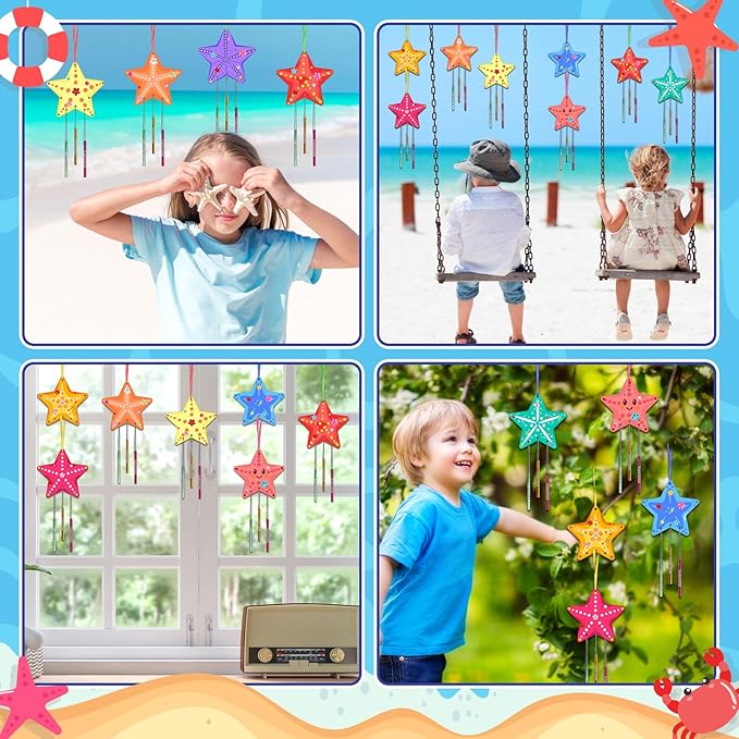 Fennoral 9 Pack Star Wind Chime Kit for Kids Make Your Own Starfish Wind Chimes for Girls Boys Ornaments DIY Coloring for Summr Art Project Party Decoration Birthday Gift
