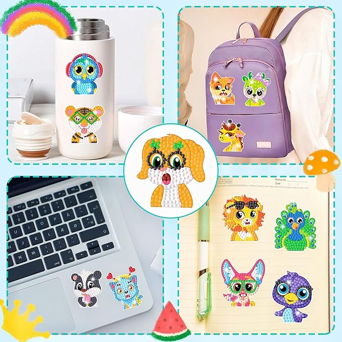 MEIEST 18 PCS Animals Diamond Art Painting Stickers Kit,DIY Mosaic Stickers by Numbers Arts and Crafts Set for Kids,Creative Handmade Gift