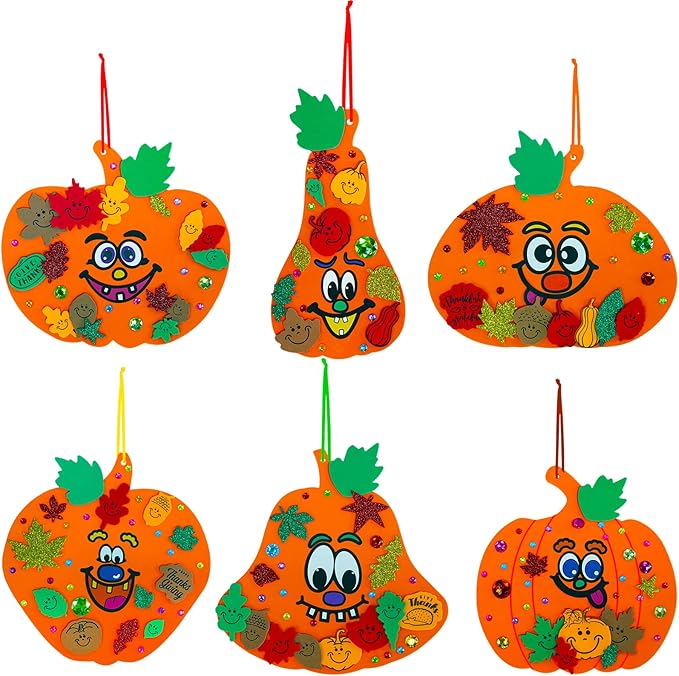 Winlyn 30 Sets Fall Halloween Pumpkin Decorations DIY Pumpkin Craft Kits Foam Pumpkin Shapes 8" W and Smile Fall Leaves Glitter Leaves Pumpkin Decorating Stickers for Kids Classroom Party Activities