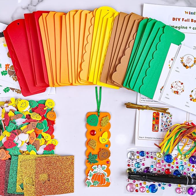 Winlyn 36 Sets Fall Craft Kits Kids Autumn Thanksgiving Fall Crafts DIY Fall Bookmarks Decorations Art Sets Pumpkin Maple leaf Harvest Foam Stickers Arts and Crafts for Kids Classroom Party Activities