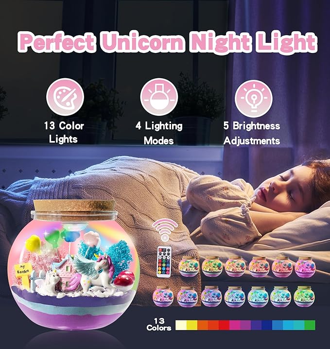 Unicorn Light Up Terrarium Kit for Kids - Birthday Gifts for Girls Ages 4 5 6 7 8-12 Year Old - Arts and Crafts for Girls - LED Night Light Bedroom Decor -Christmas Gifts for Girls