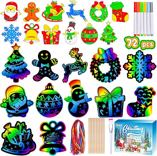 Garma 72Pcs Christmas Crafts Scratch Art for Kids, Rainbow Scratch Paper Christmas Ornaments Crafts Christmas Party Favors Toys Xmas Tree Ornaments Hanging Craft Art Kits