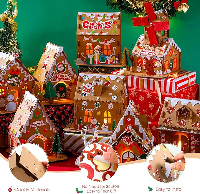 Yunsailing 24 Set Christmas Craft Kit Christmas Gingerbread House Kit Xmas Craft House Make a Gingerbread House Craft 3D Christmas Crafts for Boy Girl Xmas Party Game Craft Supplies
