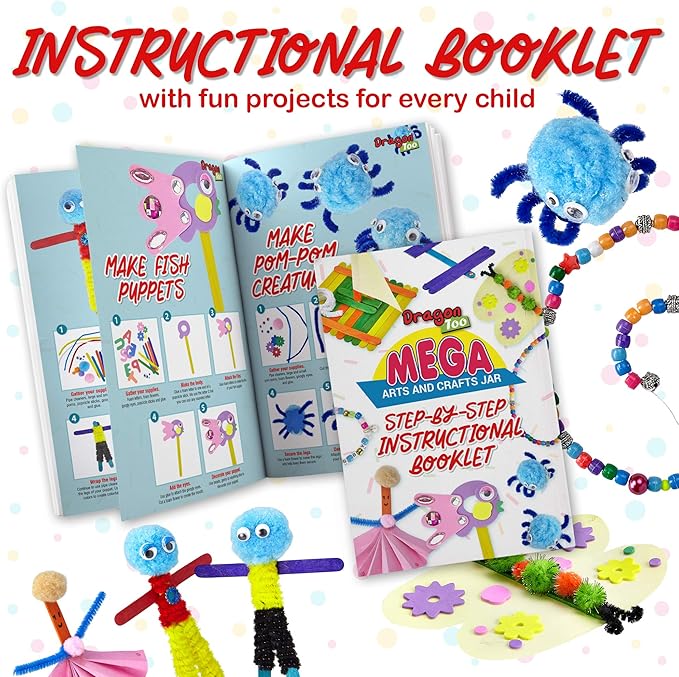 Dragon Too Mega Kids Crafts and Art Supplies Jar Kit - 1000+ Piece Set - Instructional Booklet Included - Revised Glitter Glue, Construction Paper, Popsicle Sticks, Googly Eyes, Pipe Cleaners