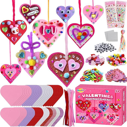 RMJOY Valentines Day Craft Gift Set: DIY Colorful Foam Heart Art Craft Ornament Toy Kit with Pom-poms Googly Eyes Gem Sticker for Kid Classroom Home Activity Party Favor Wedding Birthday Decoration