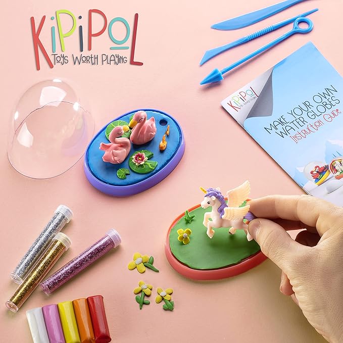 Snow Globe Making Kit for Kids - Make Your Own Snow Globes for Girls w/ 4 DIY Snowglobe, 5 Figures, 20 Packs of Modeling Clay for Kids for Sculpting - Arts and Crafts for Girls & Boys 8-12-4-8
