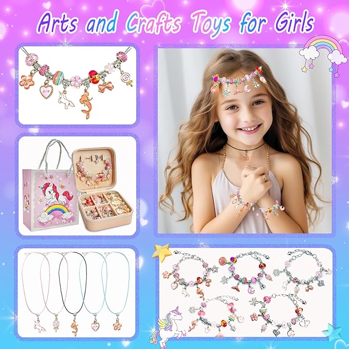 DIY Charm Bracelet Making Kit for Girls Christmas Gifts, 162Pcs Kids Jewelry Making Kit for Girls 4-6 8-12, Birthday Gifts for Girls Age 8-10 with Portable Bracelet Organizer Box