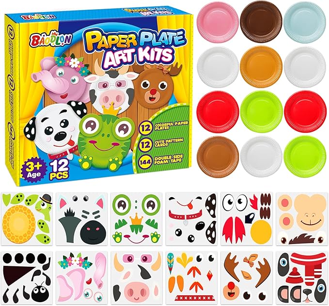 BAODLON Arts and Crafts Kits for Kids, 12 Pack Simple Crafts Animal Paper Plate Art Kit for 2 3 4 5 Year Old Toddler Boys Girls, DIY Kids Crafts for Preschool Classroom Activity/Birthday/Party Game