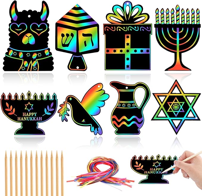 JULMELON Hanukkah Scratch Art, 36 PCS Hanukkah Craft Kits for Kids Rainbow Magic Scratch Art Chanukah Hanging Ornaments Scratch Paper for Hanukkah Decorations Kids Party Games Toys Gifts
