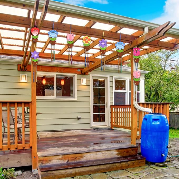 Fennoral 12 Pack Flower Wind Chime Craft for Kids Make You Own Flower Wind Chimes Ornaments DIY Coloring Wooden Art and Craft for Spring Summer Art Activities Birthday Decorations