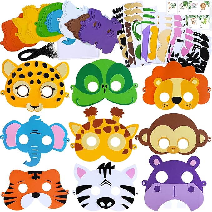 Winlyn 27 Sets Jungle Animal Masks Craft Kits Safari Animal Face Masks DIY Foam Zoo Animal Party Mask Art Sets Animal Face Stickers for Kids Jungle Safari Birthday Classroom Activities Party Favors