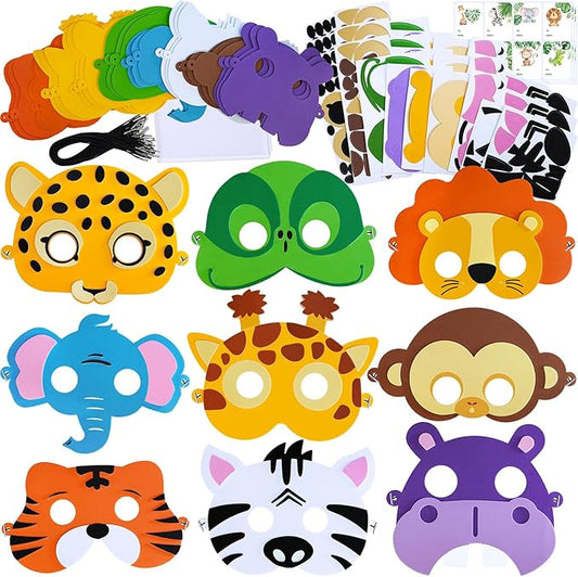 Winlyn 27 Sets Jungle Animal Masks Craft Kits Safari Animal Face Masks DIY Foam Zoo Animal Party Mask Art Sets Animal Face Stickers for Kids Jungle Safari Birthday Classroom Activities Party Favors
