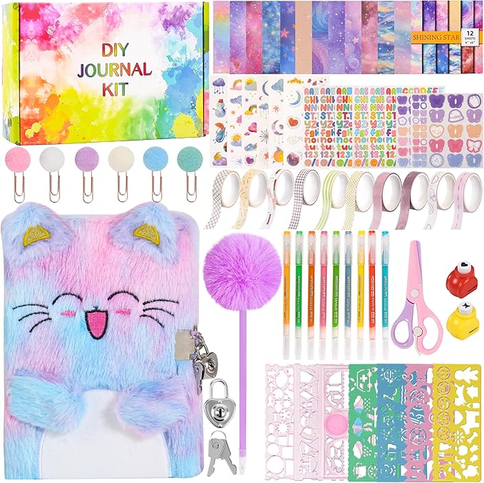 LiYiQ Plush Cat Diary Gift for Girls Kids Travel Journal Secret Diary with Scrapbook Paper Stickers Journal Stencils Pompom Pen and Washi Tape Practical Set Gift for Birthday Christma