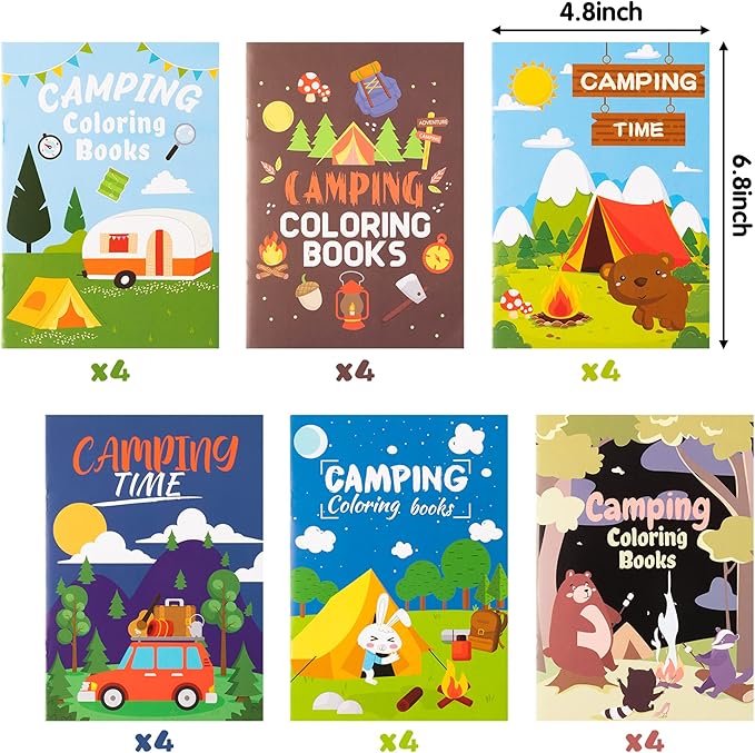 Dvbonike 24Pcs Camping Coloring Books Including Tent Camping Light Forest Bear Rabbit DIY Art Drawing Patterns Summer Birthday Party Favors Gifts Home School Activity Supplies for Kids Boys Girls