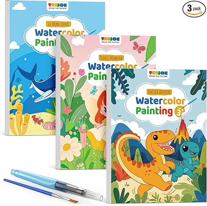 TECJOE 3 Pack Paint with Water Coloring Books for Toddlers, Watercolor Paint Set with 6 Brushes, Painting Activity for Kids Ages 4 5 6 7 8, Arts & Crafts Toy, Princess, Dinosaur & Sea