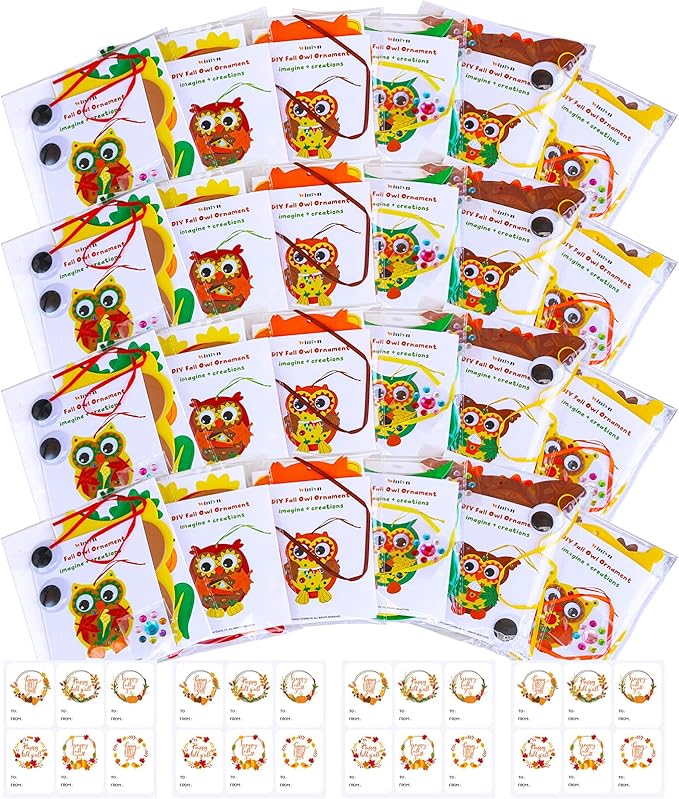 Winlyn Fall Craft Kits DIY Fall Owl Ornaments Decorations 24 Individually Packaged Art Sets Kids Crafts Foam Owl Pumpkin Fall Leaf Stickers for Kids Autumn Thanksgiving Halloween Classroom Activities