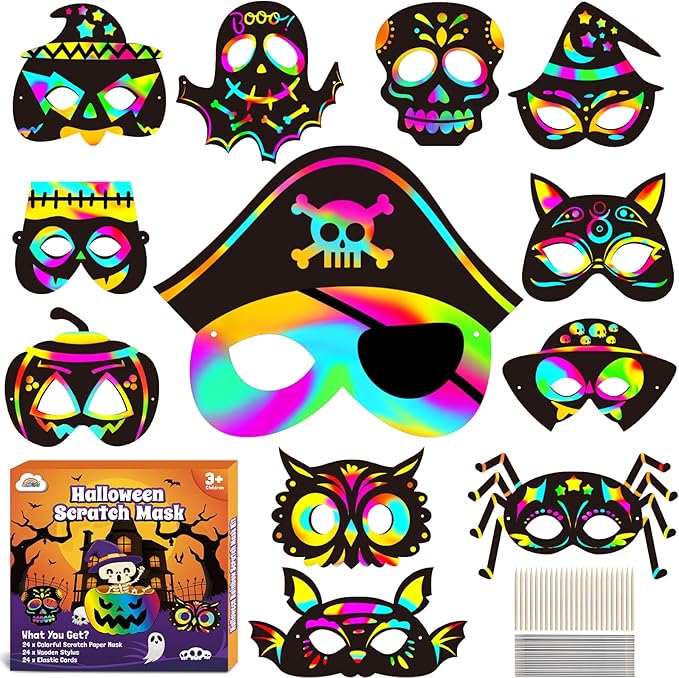 ZMLM Halloween Scratch Mask for Kid: 24 Pcs Rainbow Scratch Paper Mask Craft Kit Halloween Themed DIY Art Craft Mask for Girl Boy Age 3 4 5 6 7 8 9 Year Old Bat Pumpkin Gift Party Favor Set