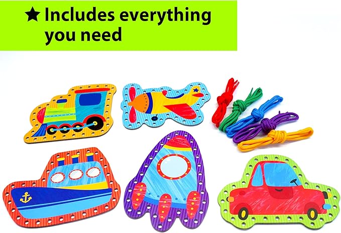 KRAFUN Preschool Beginner First Lacing Card Kit for Kids Training Arts & Crafts, 5 Easy Transport and Cars Lacing Projects, Lacing Cards for Toddlers, Fine Motor Skills Toys