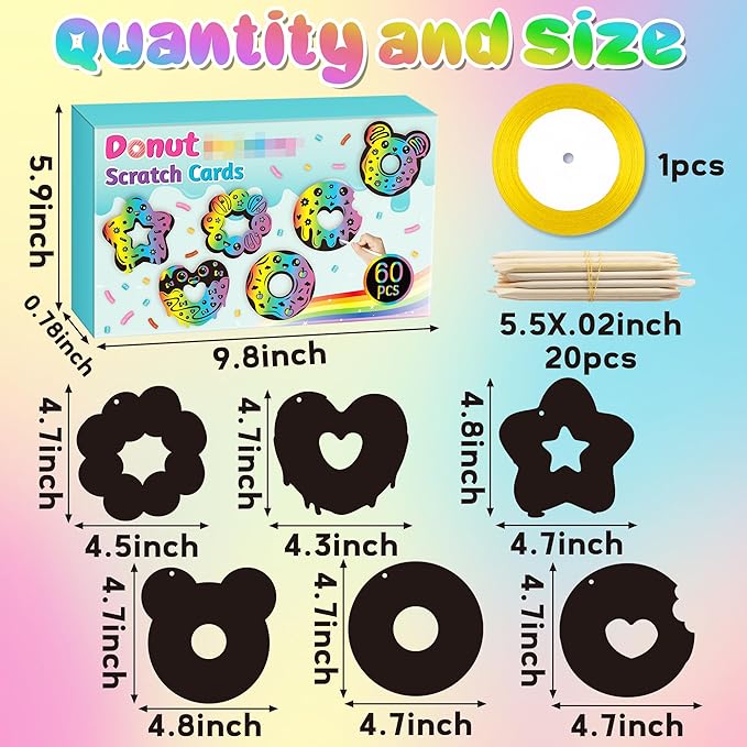 CY2SIDE Donut Craft Scratch Cards - 60PCS Doughnut Ornament Scratch Crafts Card Gift Set for Kids Sweet Candy Magic Art Rainbow Color Craft Scratch Kit for Kids Birthday Party Favors School Activity