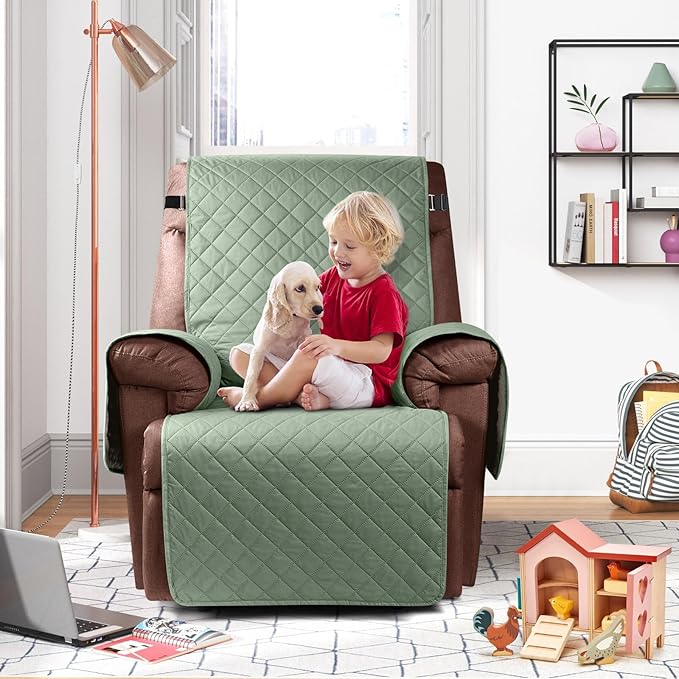 KinCam 100% Waterproof Recliner Chair Cover, Reclining Couch Covers for Pets, Dogs, Recliner Couch Slipcover Furniture Protector with Elastic Straps for Kids(23.6", Sage Green)